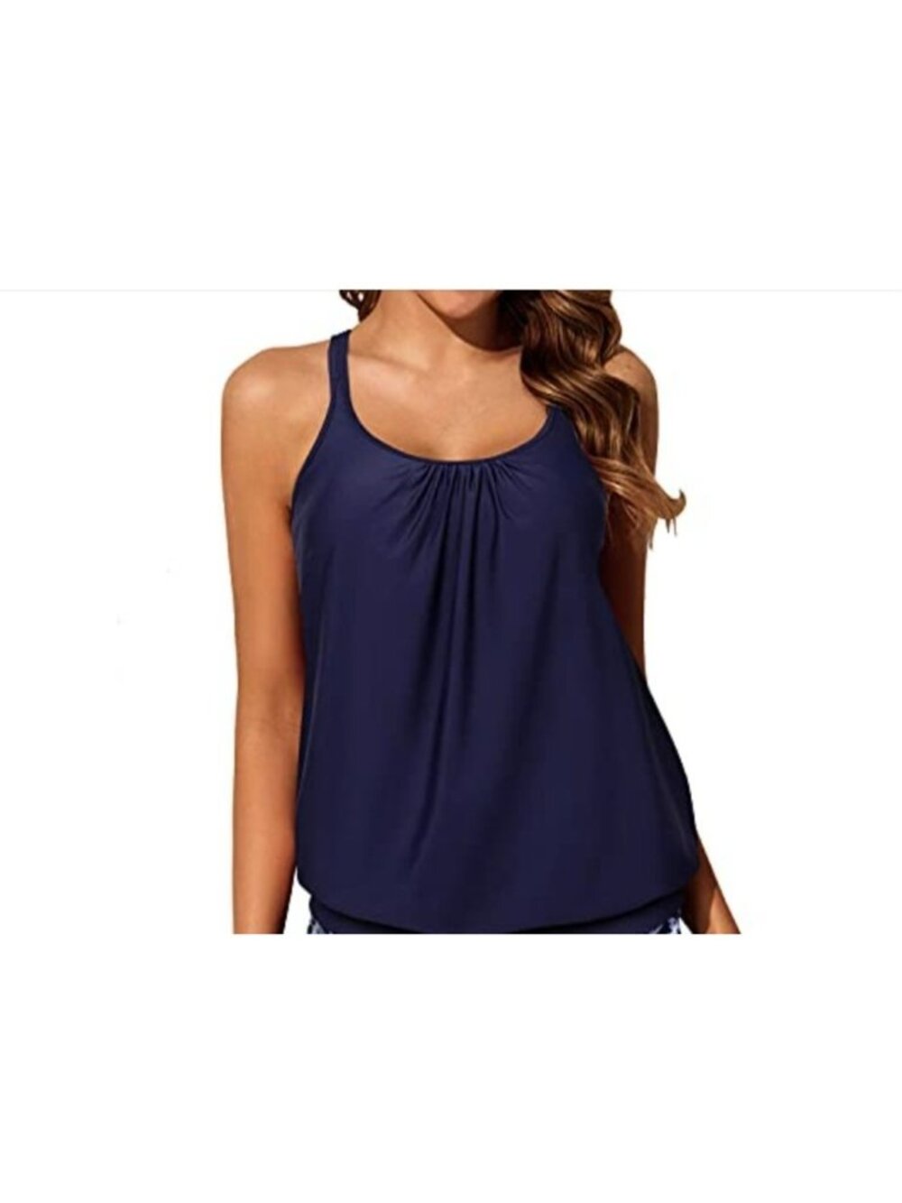 Womens XL Swim Top Navy Blue Blouson Tankini Adjustable Strappy Back Pool Beach